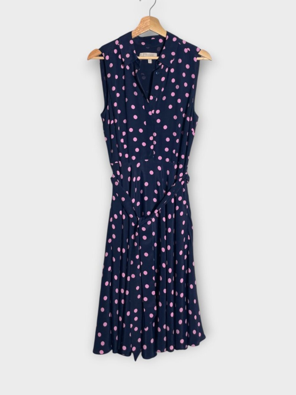 HOBBS London Fit & Flare Dress Sz 6 US Blue Pink Polka Dot Tie Belt